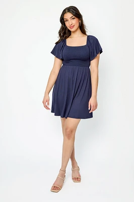 Flounce Sleeve Square-Neck Smocked Open-Back Dress