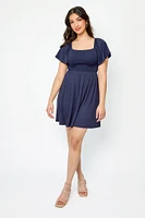 Flounce Sleeve Square-Neck Smocked Open-Back Dress
