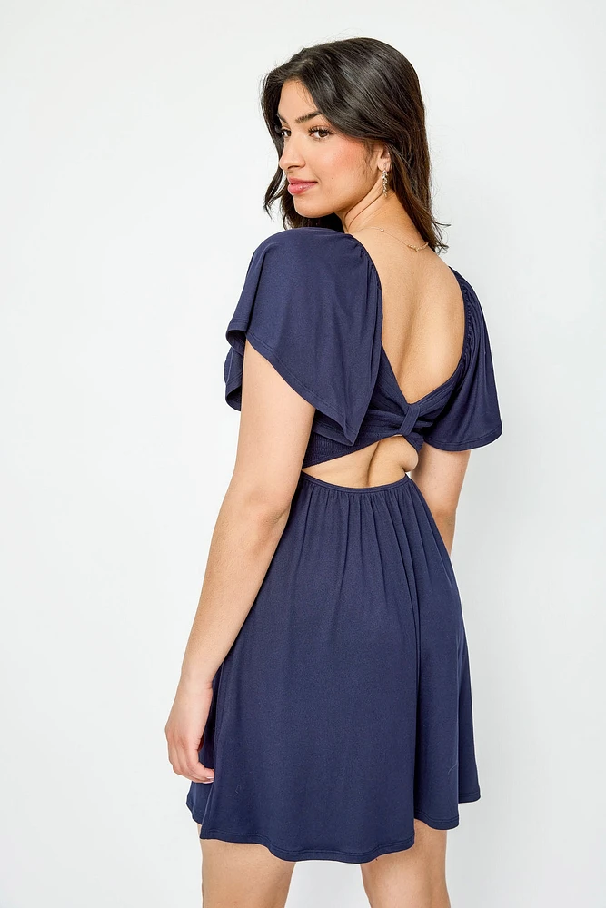 Flounce Sleeve Square-Neck Smocked Open-Back Dress