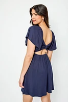 Flounce Sleeve Square-Neck Smocked Open-Back Dress