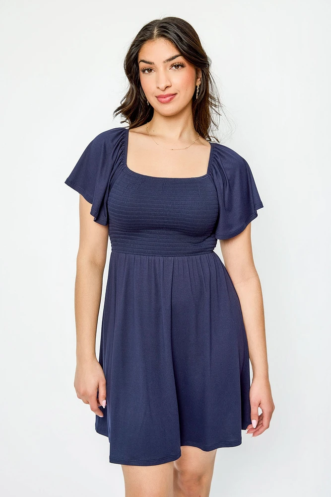 Flounce Sleeve Square-Neck Smocked Open-Back Dress