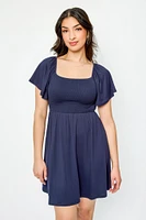 Flounce Sleeve Square-Neck Smocked Open-Back Dress
