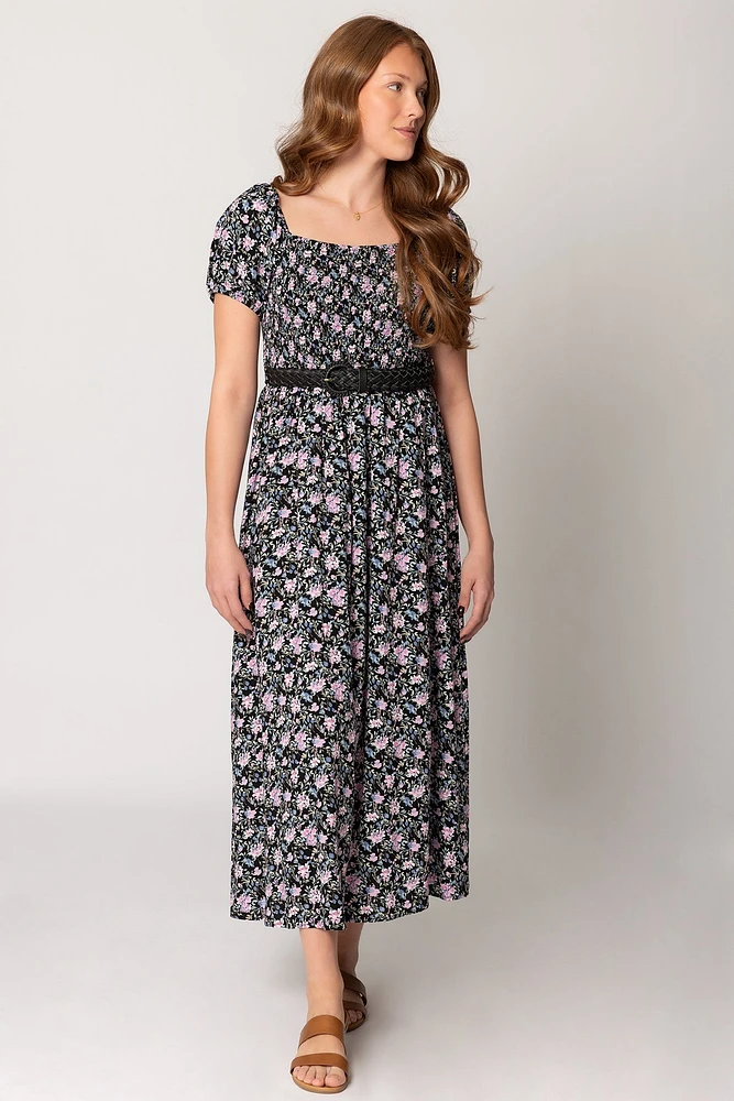 Watercolour Floral Puff-Sleeve Maxi Dress with Belt