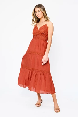 Gauze Maxi Tiered Dress with Crochet Bodice