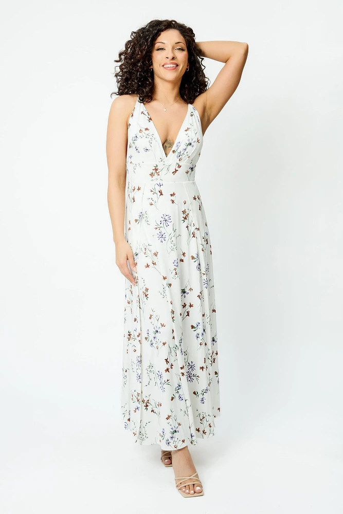 Floral V-Neck Maxi Dress with Side Slits and Shorts