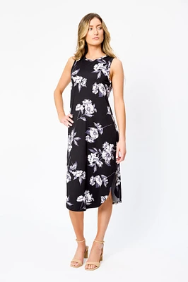 Floral Sleeveless Crew-Neck Midi Dress with Shirttail Hem