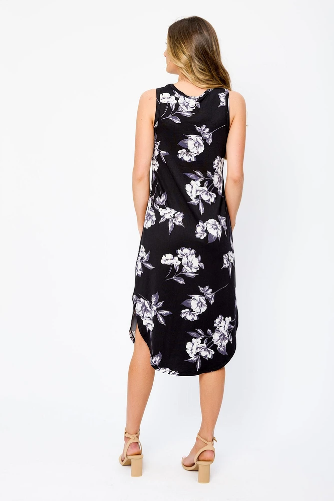 Floral Sleeveless Crew-Neck Midi Dress with Shirttail Hem