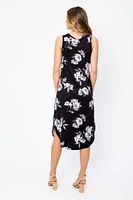 Floral Sleeveless Crew-Neck Midi Dress with Shirttail Hem