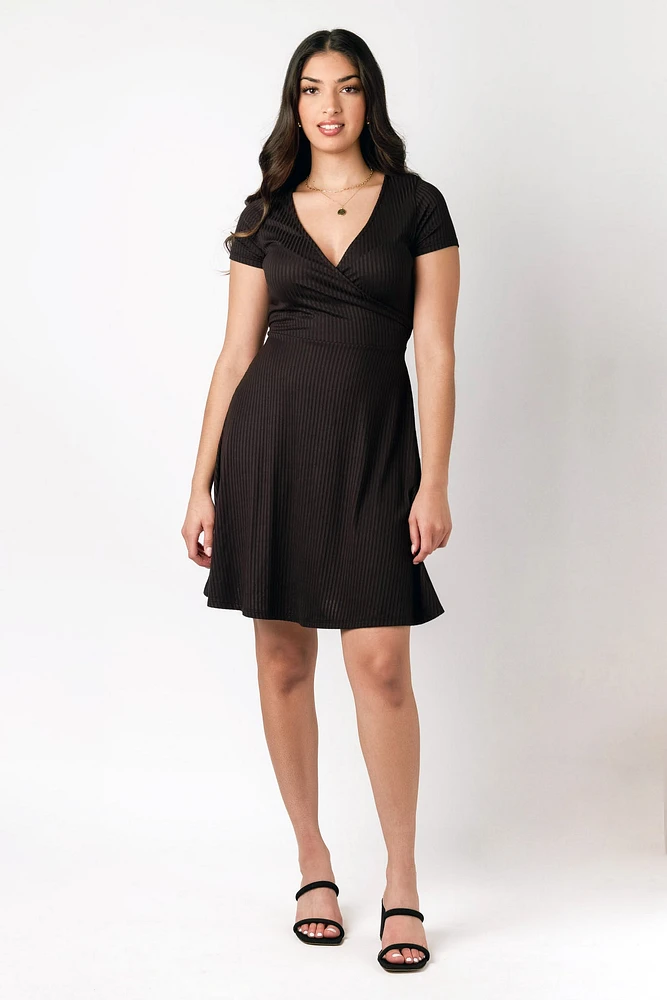 Ribbed Knit Crossover Skater Dress