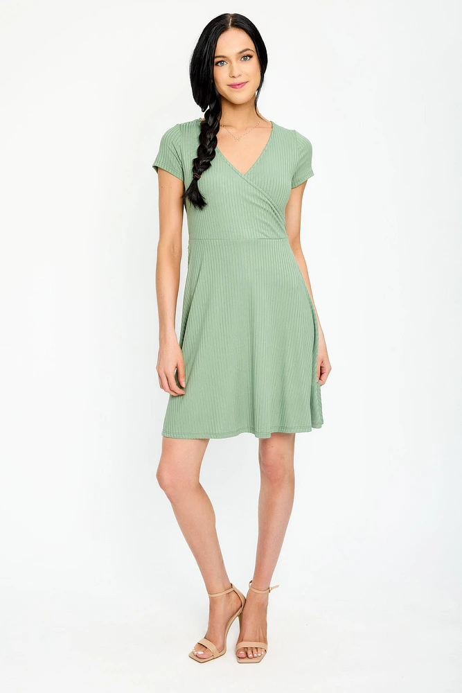 Ribbed Knit Crossover Skater Dress