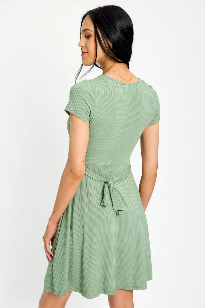 Ribbed Knit Crossover Skater Dress