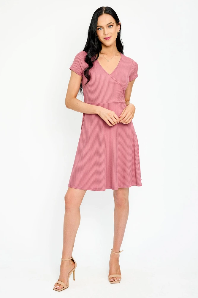 Ribbed Knit Crossover Skater Dress