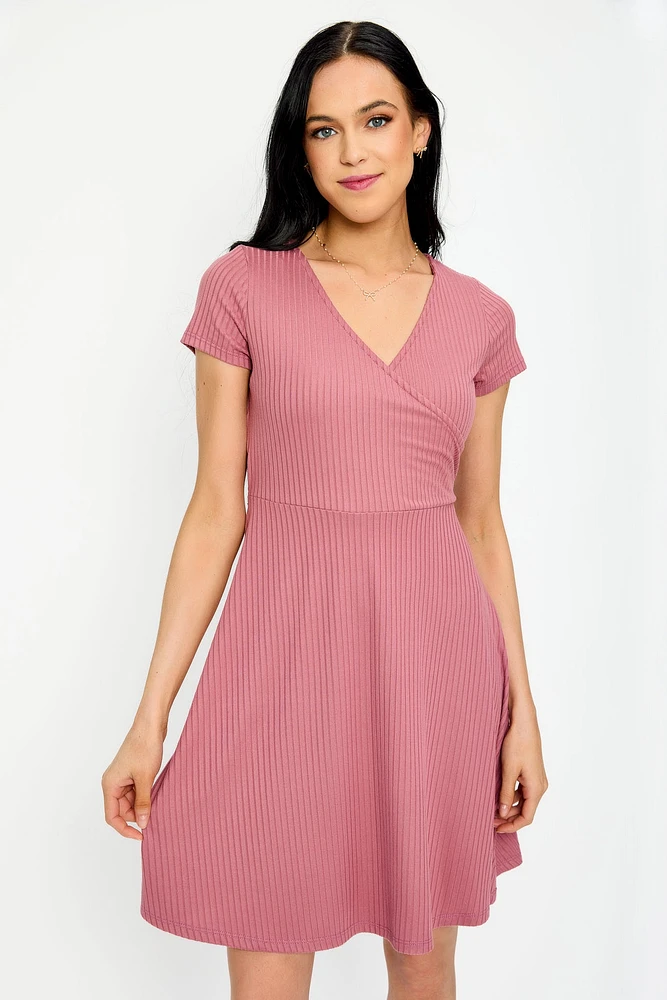 Ribbed Knit Crossover Skater Dress
