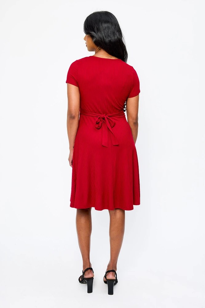 Ribbed Knit Crossover Skater Dress