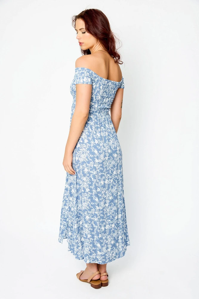 Floral Smocked Off-The-Shoulder Square Neck Dress with Double Slits