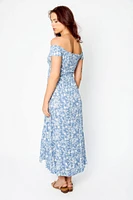Floral Smocked Off-The-Shoulder Square Neck Dress with Double Slits