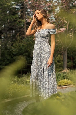 Floral Smocked Off-The-Shoulder Square Neck Dress with Double Slits