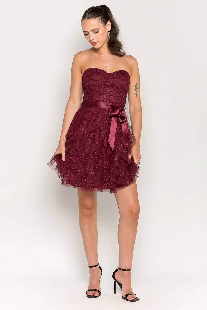 Glitter Mesh Tiered Strapless Mini Dress with Ribbon Belt