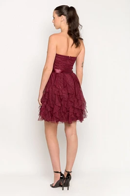 Glitter Mesh Tiered Strapless Mini Dress with Ribbon Belt