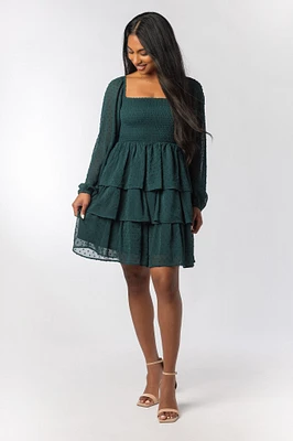 Swiss Dot Chiffon Tiered Dress with Balloon Sleeve