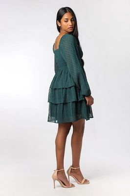 Swiss Dot Chiffon Tiered Dress with Balloon Sleeve