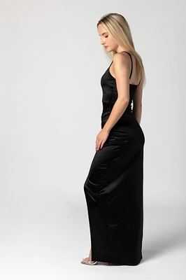 Stretch Satin Spaghetti Strap Maxi Dress with Crossover Skirt