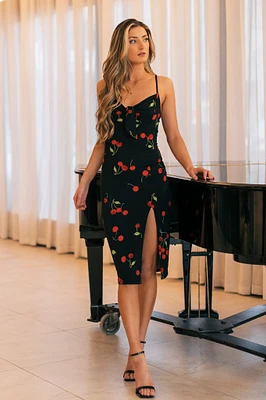 Cherry Spaghetti Strap Midi Dress with Side Slit