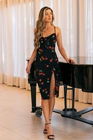 Cherry Spaghetti Strap Midi Dress with Side Slit