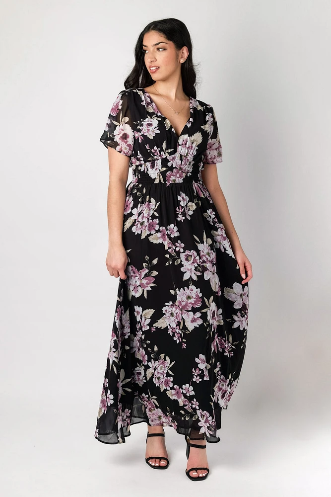 Floral Chiffon Flutter Sleeve Maxi Dress