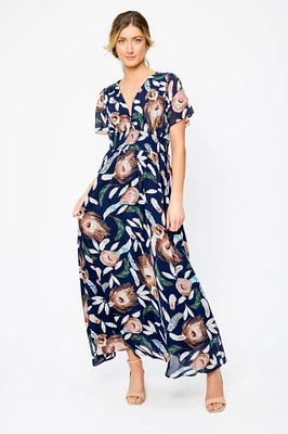 Feather Flutter Sleeve V-Neck Maxi Dress with Smocked Waist