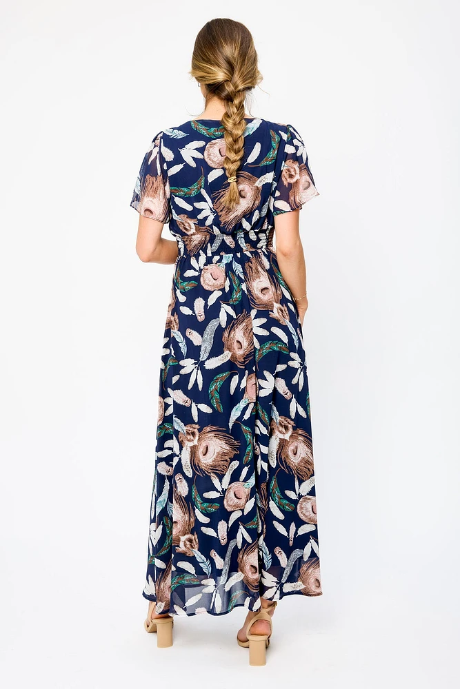 Feather Flutter Sleeve V-Neck Maxi Dress with Smocked Waist