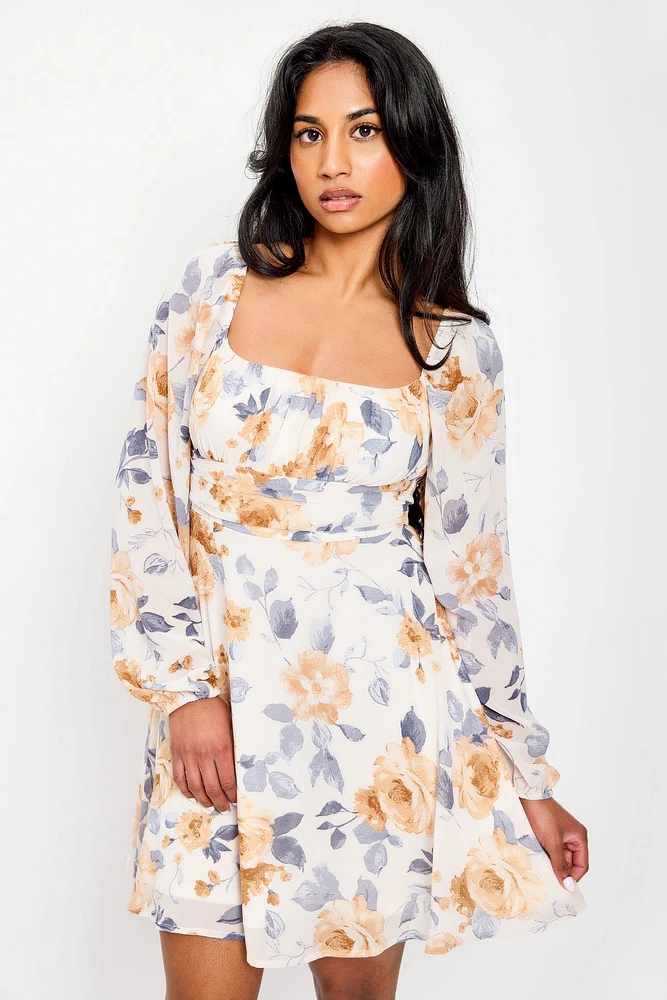 Floral Chiffon Tie-Back Balloon Sleeve Dress