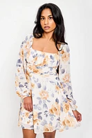 Floral Chiffon Tie-Back Balloon Sleeve Dress