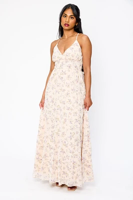 Floral Chiffon Spaghetti Strap V-Neck Maxi Dress with Smocked Back