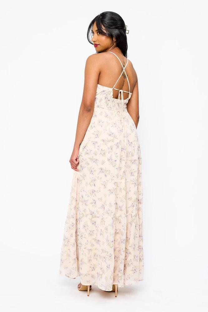 Floral Chiffon Spaghetti Strap V-Neck Maxi Dress with Smocked Back