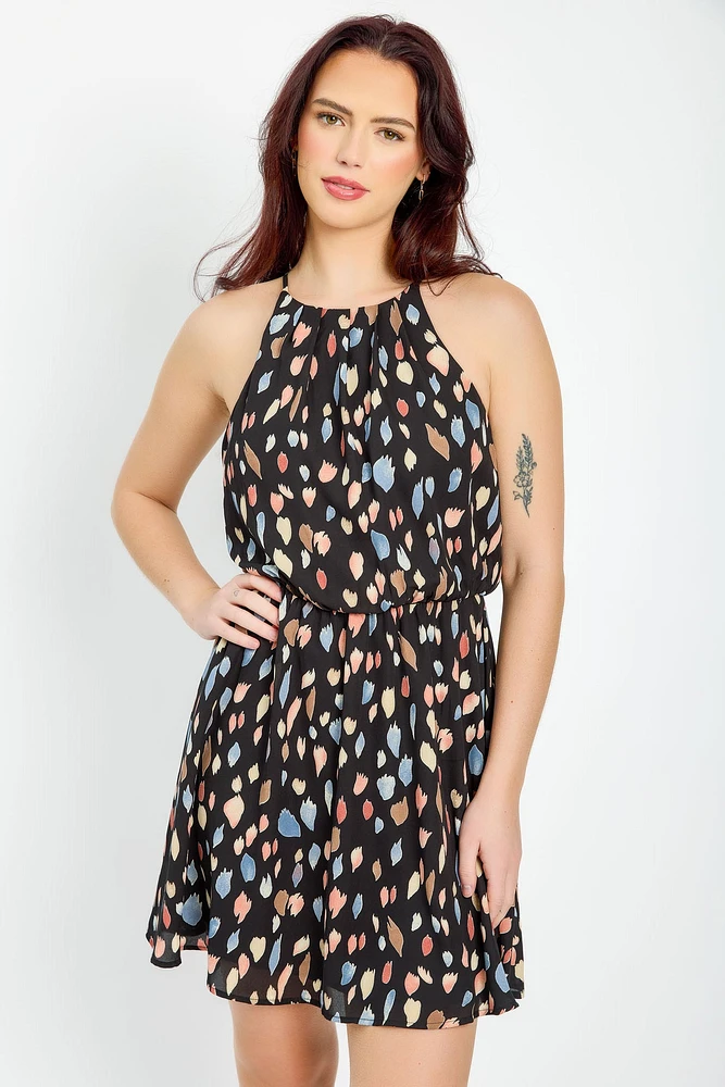 Abstract Spaghetti Strap Dress with Elastic Waist