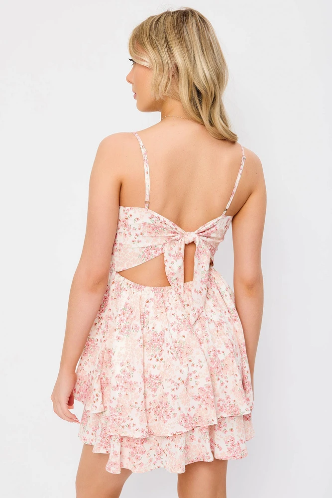 Ditsy Spaghetti Strap Scoop-Neck Dress with Tie-Back