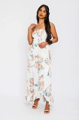 Floral Strapless Dress with Ruffle Hem