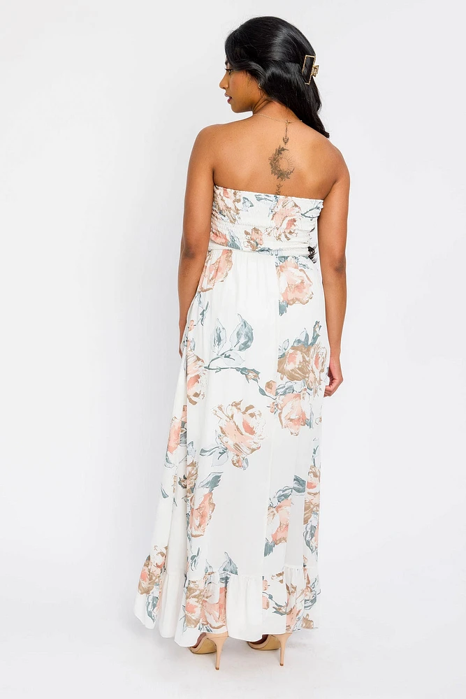 Floral Strapless Dress with Ruffle Hem