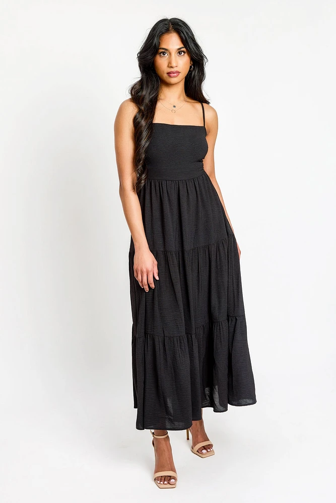 Airflow Sleeveless Tie-Back Tiered Midi Dress