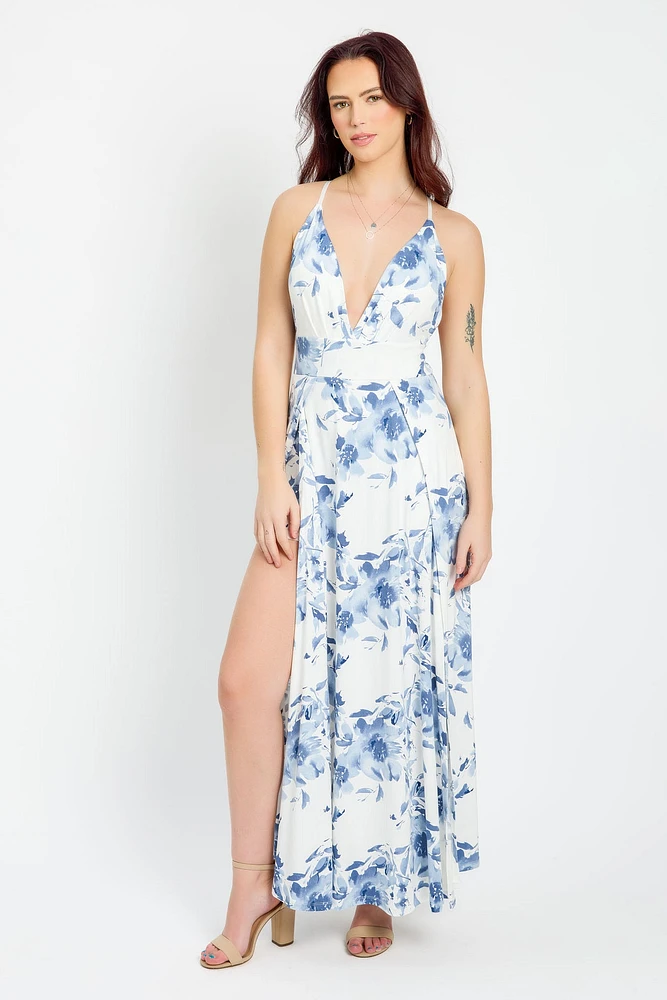 Floral Sleeveless Maxi Dress with Side Slits and Shorts