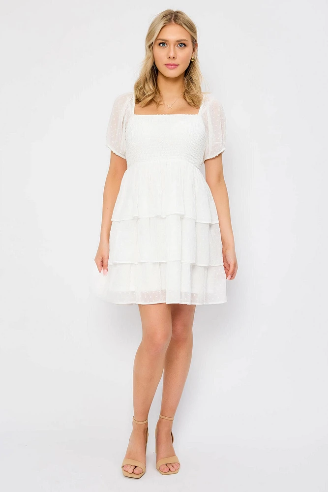 Swiss Dot Chiffon Balloon-Sleeve Tiered Dress