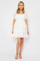 Swiss Dot Chiffon Balloon-Sleeve Tiered Dress