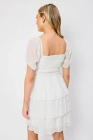 Swiss Dot Chiffon Balloon-Sleeve Tiered Dress