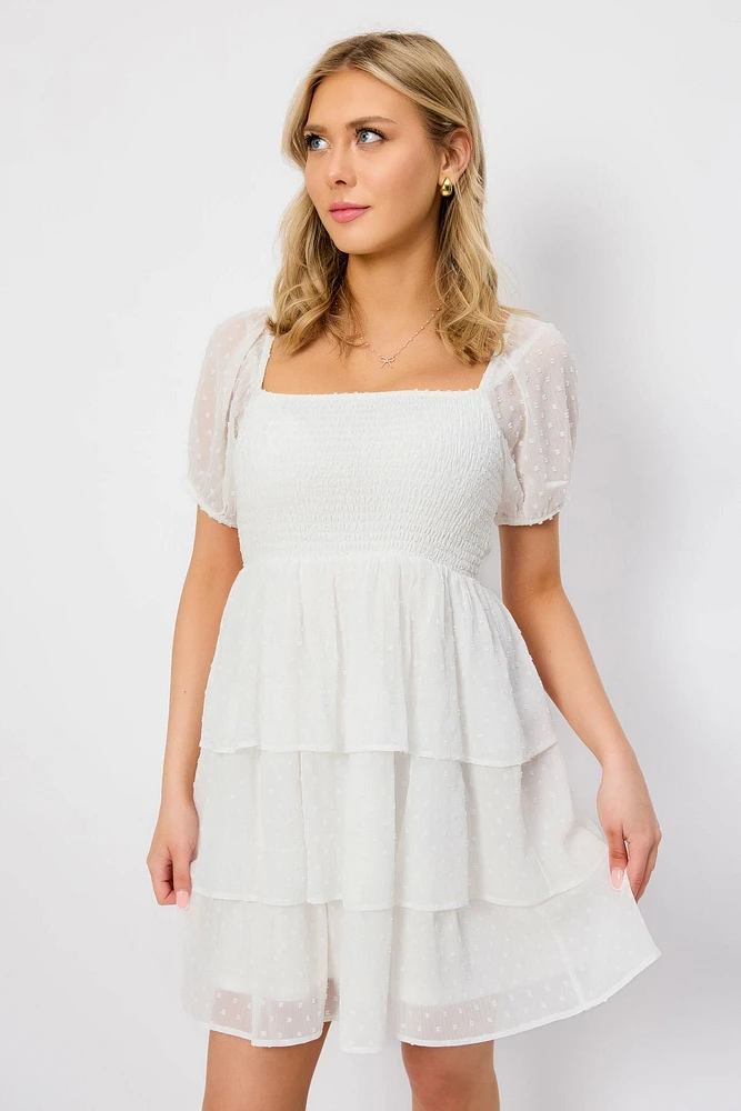 Swiss Dot Chiffon Balloon-Sleeve Tiered Dress
