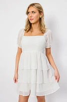 Swiss Dot Chiffon Balloon-Sleeve Tiered Dress