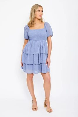 Swiss Dot Chiffon Balloon-Sleeve Tiered Dress