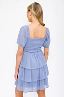 Swiss Dot Chiffon Balloon-Sleeve Tiered Dress