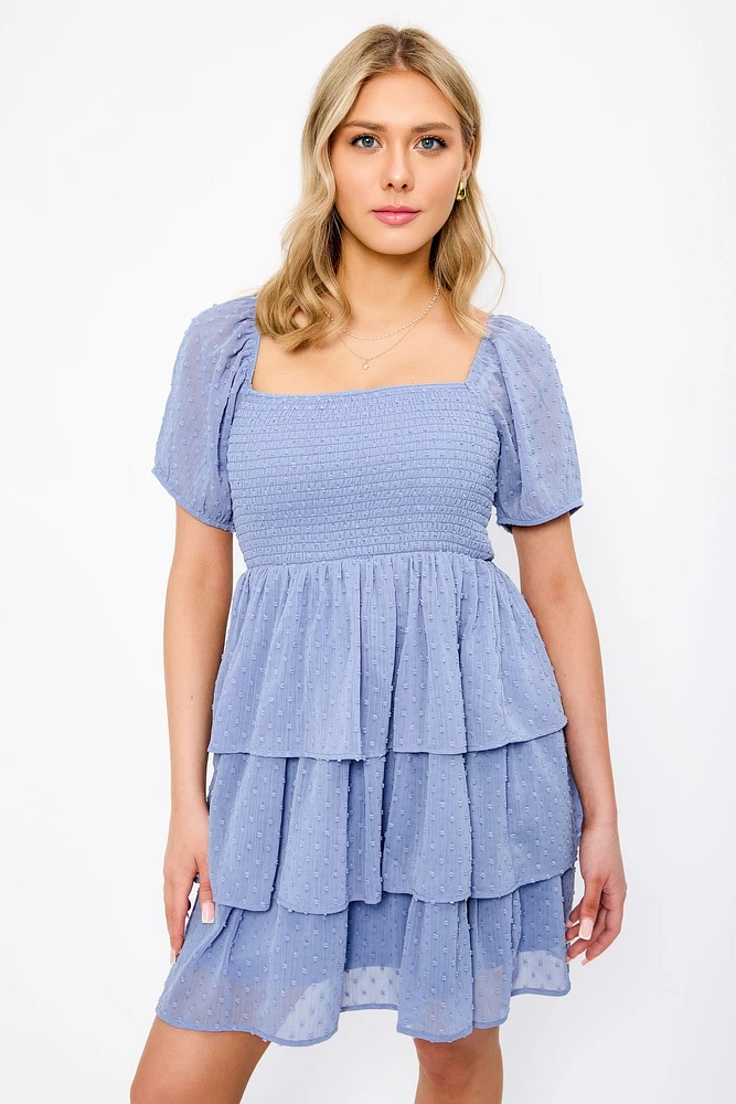 Swiss Dot Chiffon Balloon-Sleeve Tiered Dress