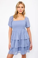 Swiss Dot Chiffon Balloon-Sleeve Tiered Dress